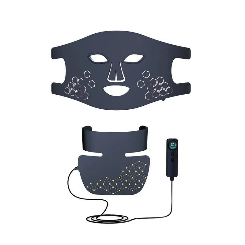 M01 Black infrared four-colour LED photon mask with neck care panel for home skincare.