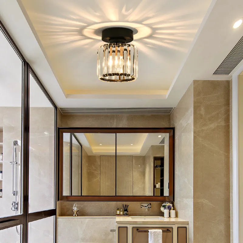 Nordic crystal hallway ceiling lamp in round black finish with crystal details