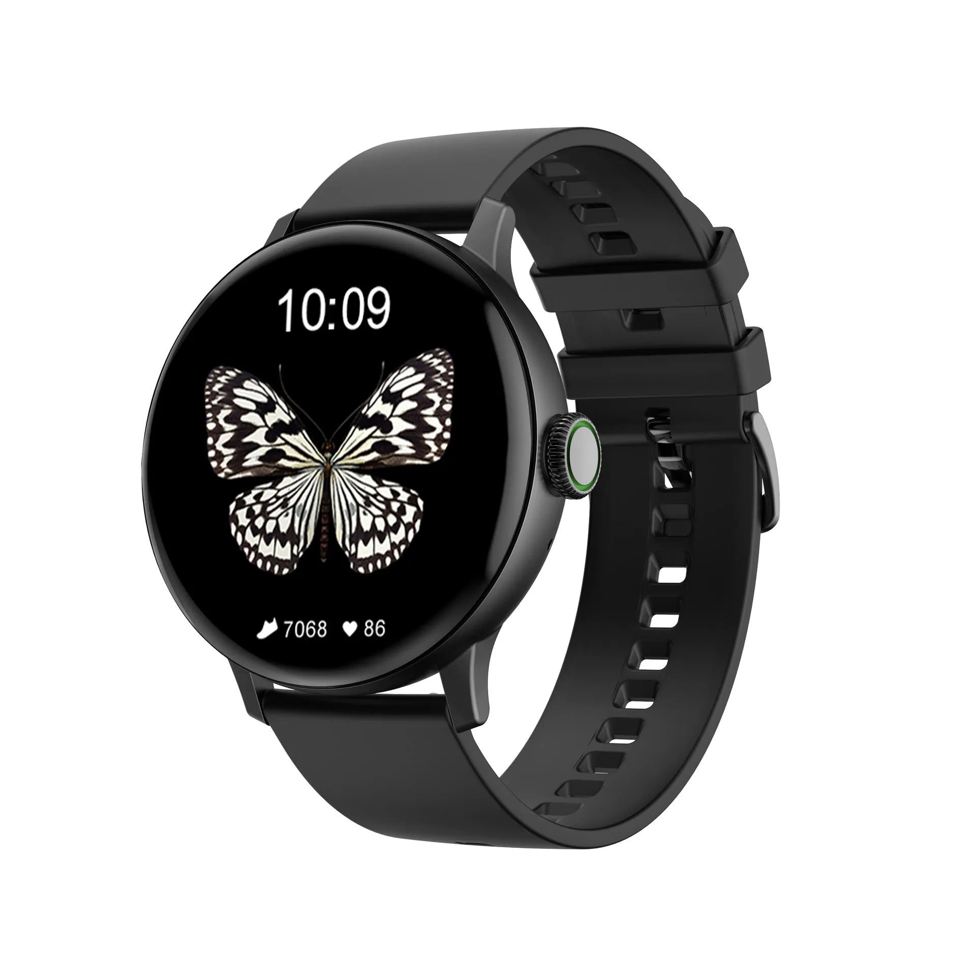 Black steel Bluetooth smart bracelet with touch screen on a wrist, showing heart rate display.