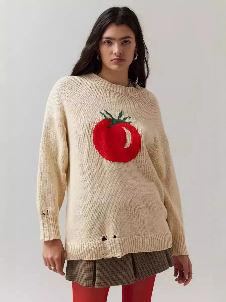 Women's milky white round neck jacquard knit acrylic sweater on a hanger.