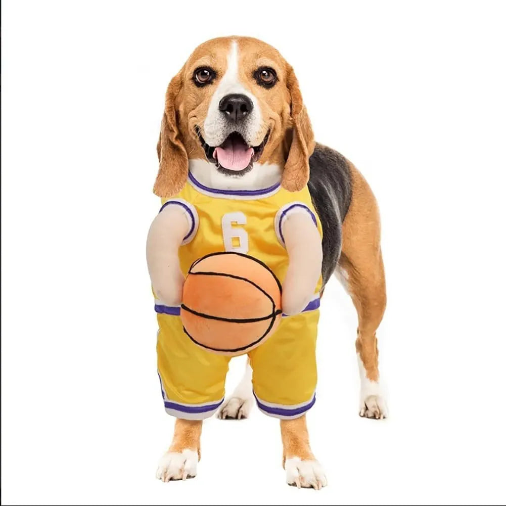 Creative dog basketball costume in red with ball, suitable for small medium large pets