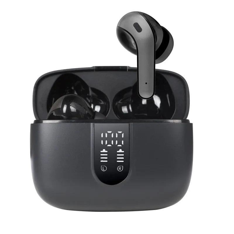 Jerry X08 wireless Bluetooth headset with digital display and USB charging case in black, grey or white