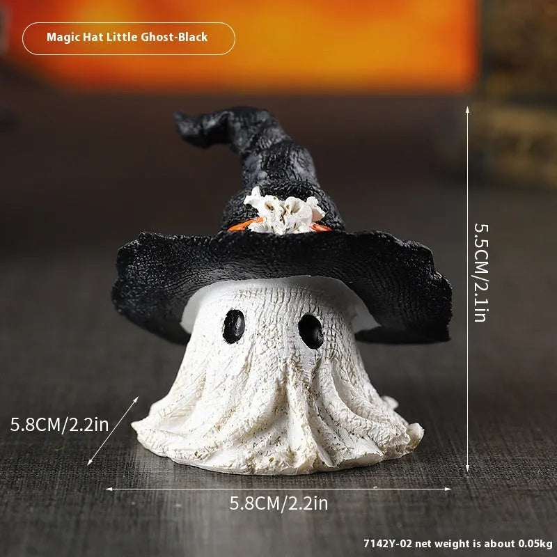 A detailed resin wizard hat ornament with a ghost theme in either kid-purple or black colour.
