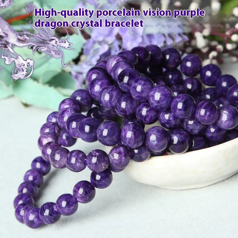 Natural transparent charoite crystal bracelet with platinum finish, showing different bead size options on a wrist.