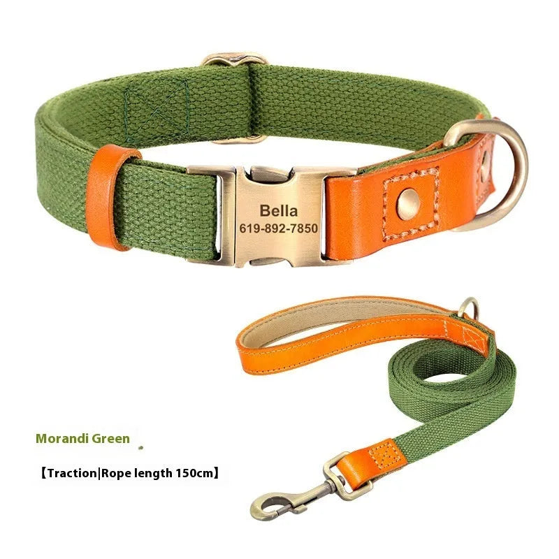 Small dog mohair collar and leash set in Mo Landi green with matching lettering on adjustable neck ring