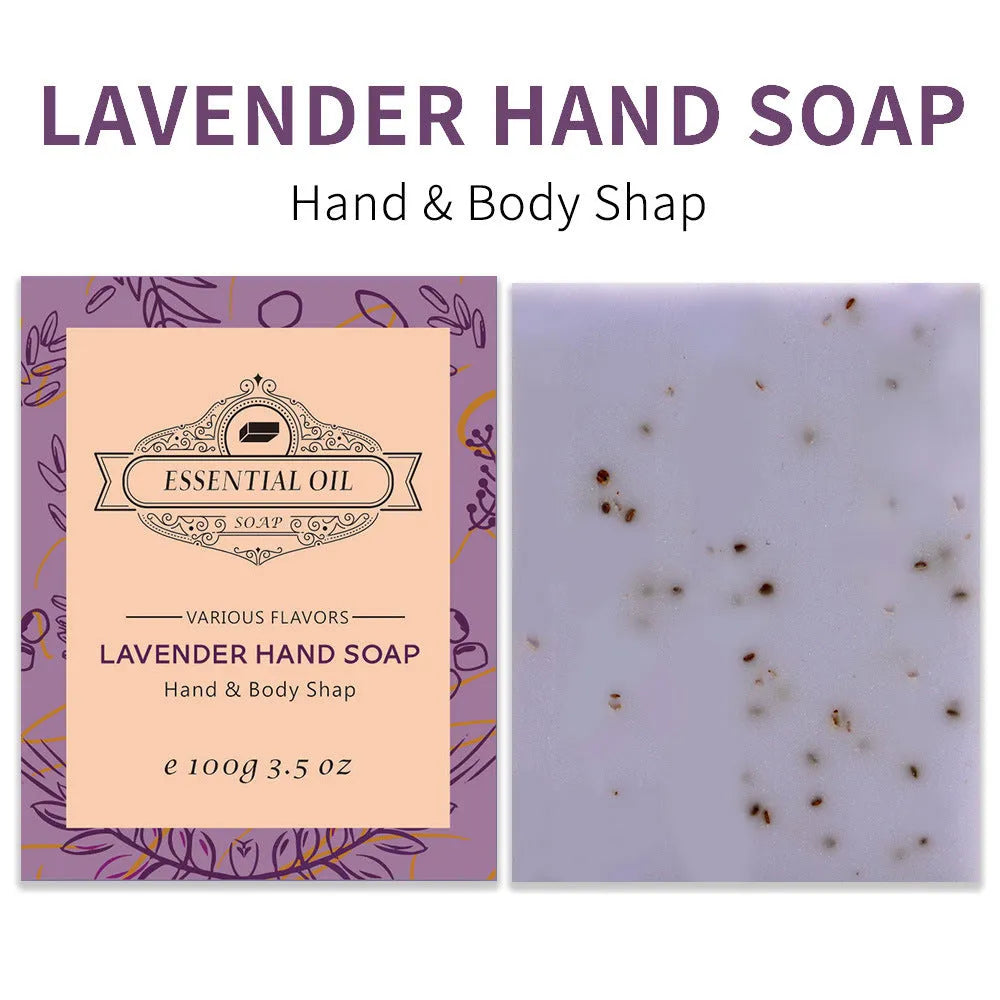 Handmade frosted essential oil soap bar on a bathroom surface, showing its textured finish.