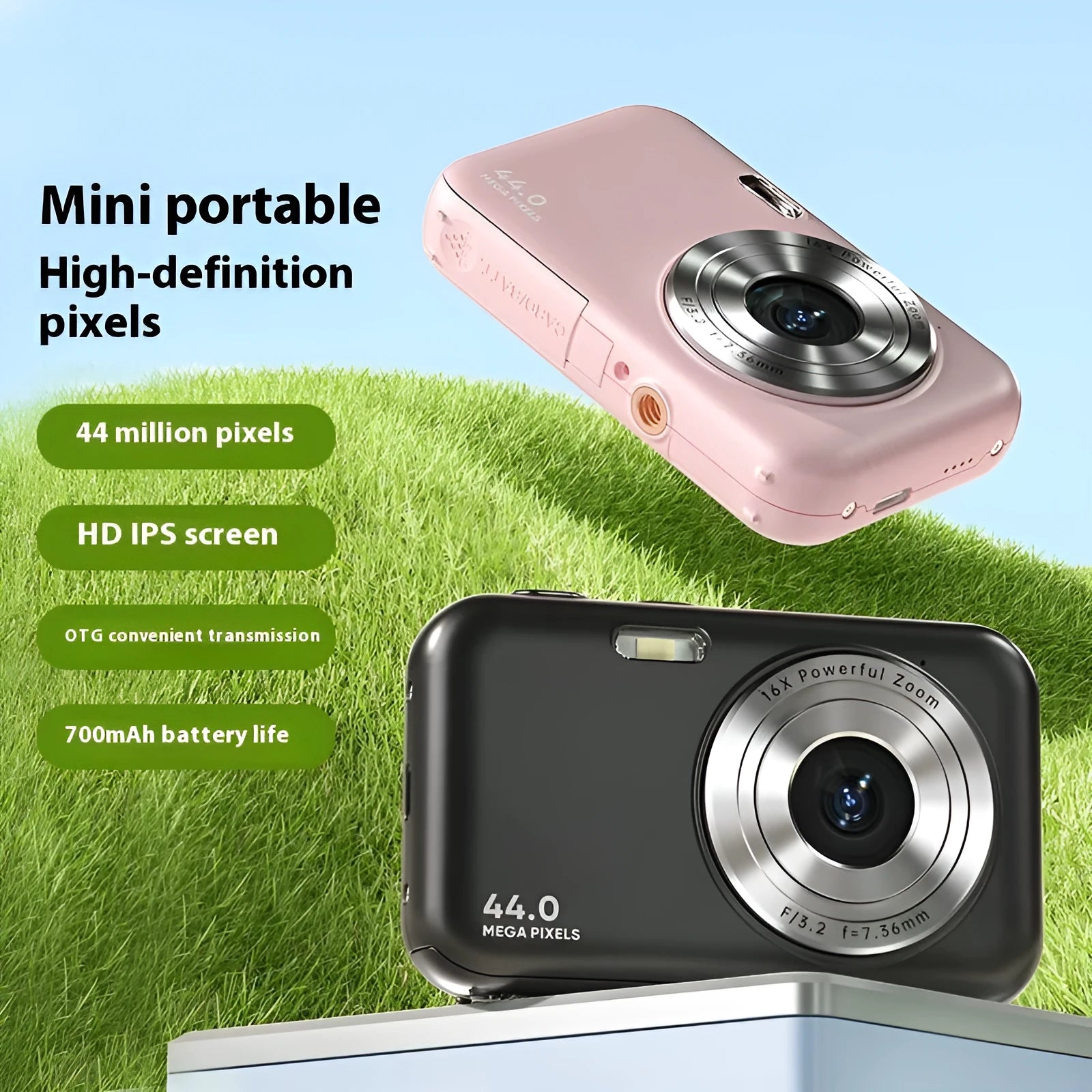 Colourful children's digital camera with 2.4-inch screen, shown in pink, for 44MP photos and 1080p video.