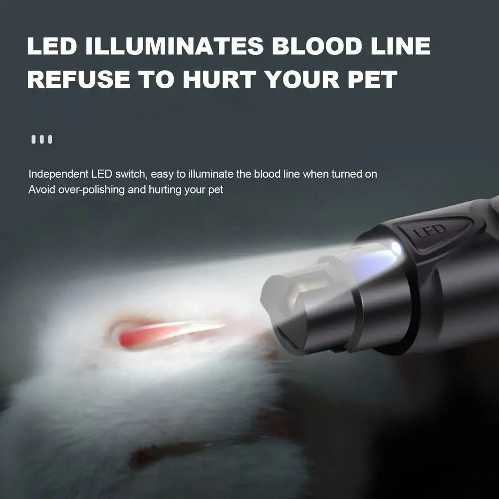 Black ABS lighted dog nail grinder with LED light and two speed settings for pet paw grooming