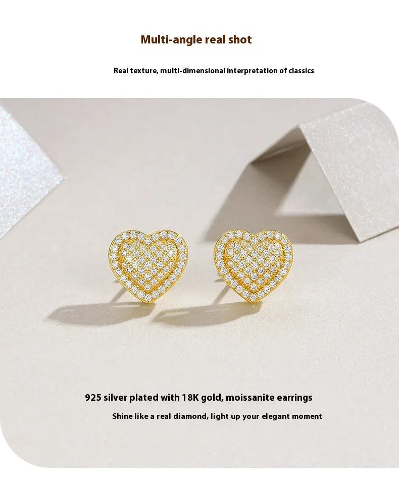 S925 silver gold heart-shaped moissanite stud earrings with minimalist design