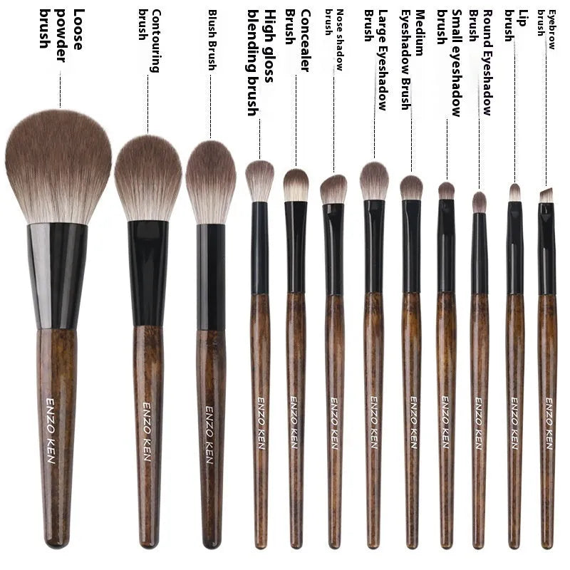 12-piece makeup brush set with wooden handles in portable storage bag