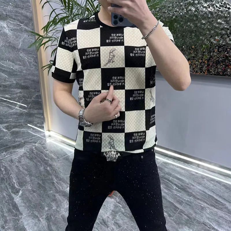 Men's short-sleeved cotton blend undershirt, slim fit letter pattern, black and white plaid or brown, sizes L to 6XL