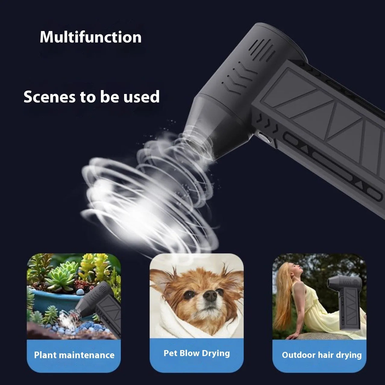 Mini handheld black dust blower with brushless motor, four speed settings, and compact 130x78x38mm size on a desk