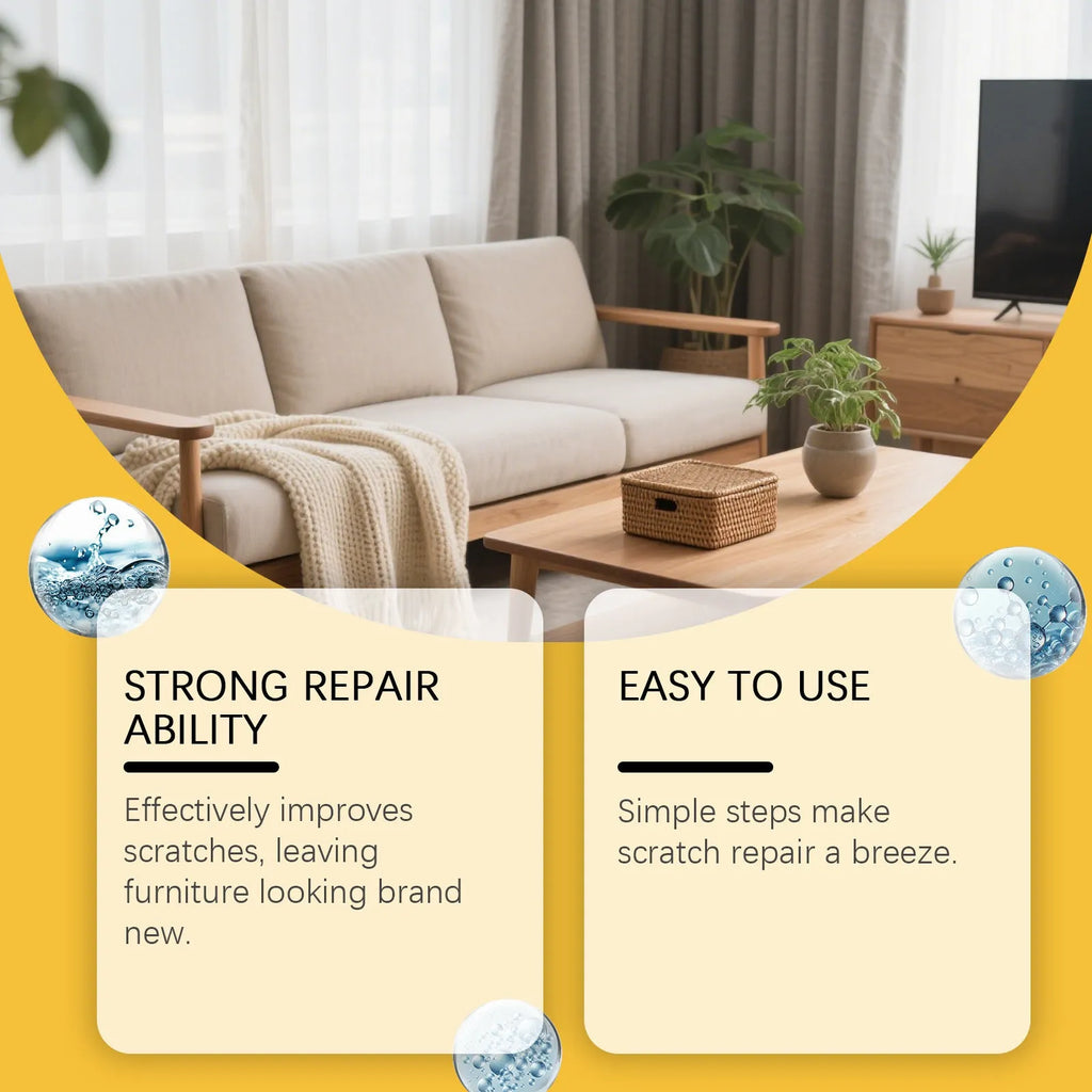 100ml wooden furniture scratch care agent bottle and white microfiber towel on a wooden table.