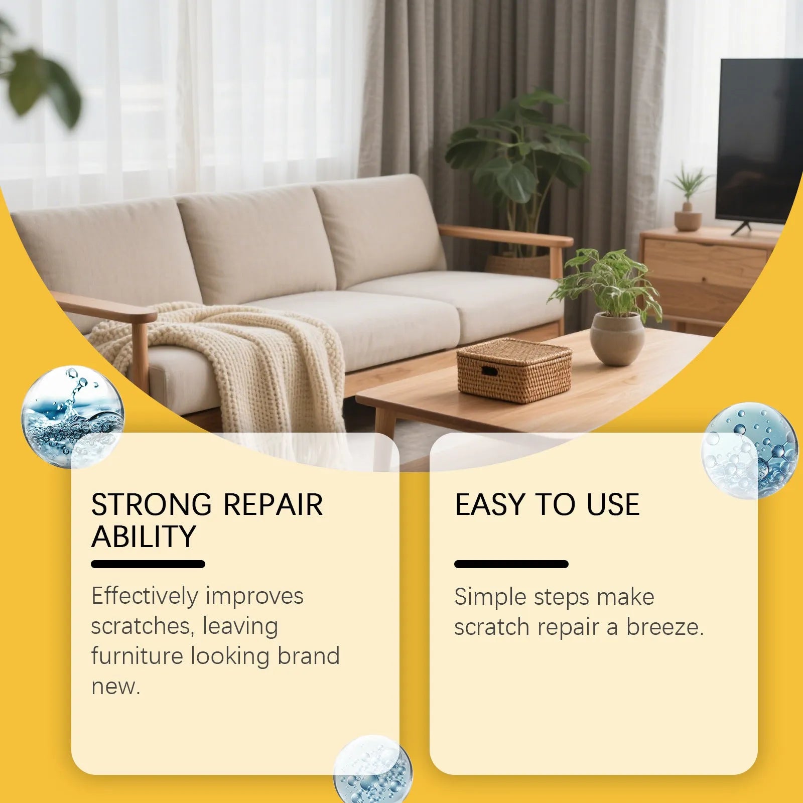 100ml wooden furniture scratch care agent bottle and white microfiber towel on a wooden table.