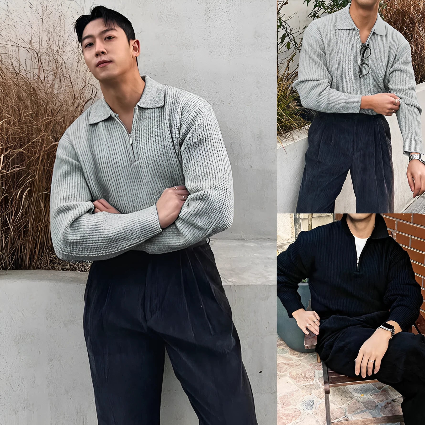 Men's knitted half-zip turn-down collar jacket in ice silk fabric, slim fit, solid pattern