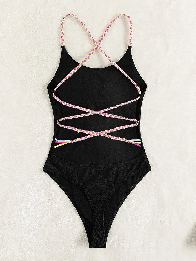 Black backless one-piece swimsuit for women with sleeveless design