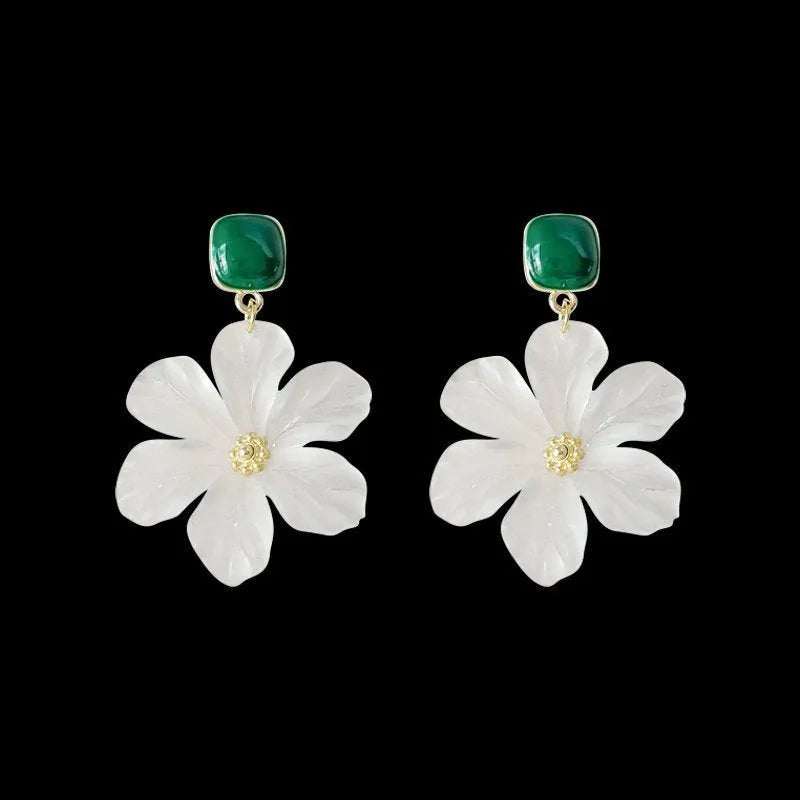 Dark green alloy earrings with sterling silver finish and sweet flower needle design