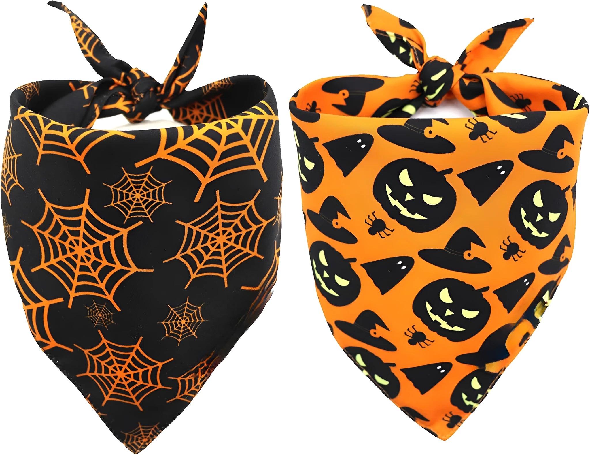 Reversible Halloween dog bandana with pumpkin and spider web patterns in black and orange