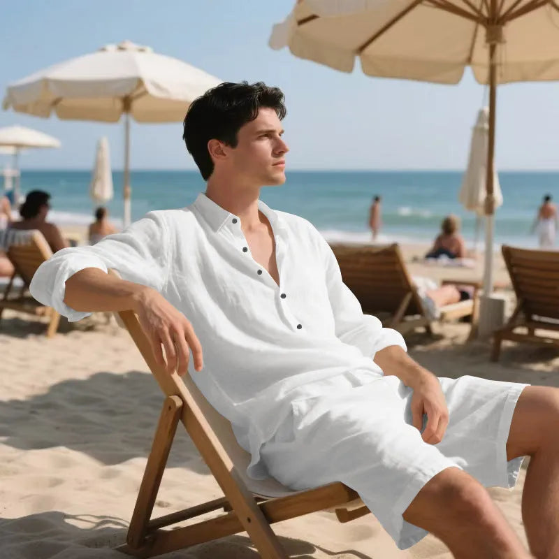Men's linen beach suit set showing long sleeve shirt and matching shorts in available colours
