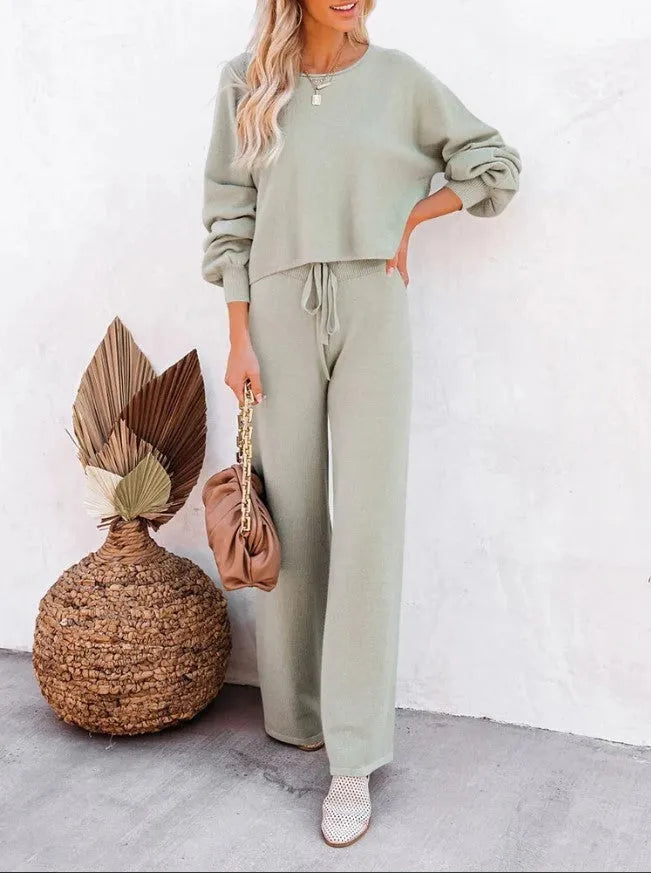 Women's casual solid colour two-piece set, long-sleeved top and trousers, polyester, beaded detail, in apricot colour