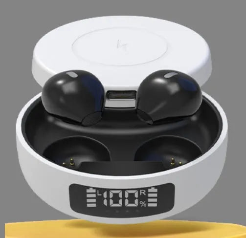 Wireless Bluetooth earbuds in semi-in-ear style with charging case, available in Black, Skin, and White colours