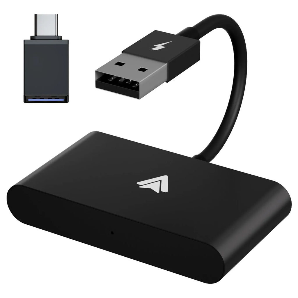 Car wired to wireless Android system adaptor for CARPLAY vehicles in black and white colour variants.