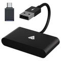 Car wired to wireless Android system adaptor for CARPLAY vehicles in black and white colour variants.