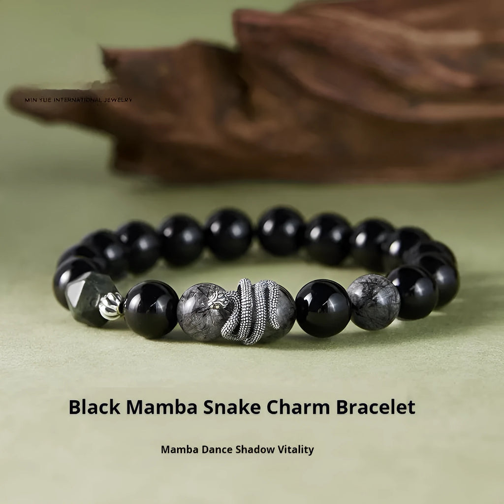 Men's black S925 sterling silver bracelet with obsidian stone and snake year charm