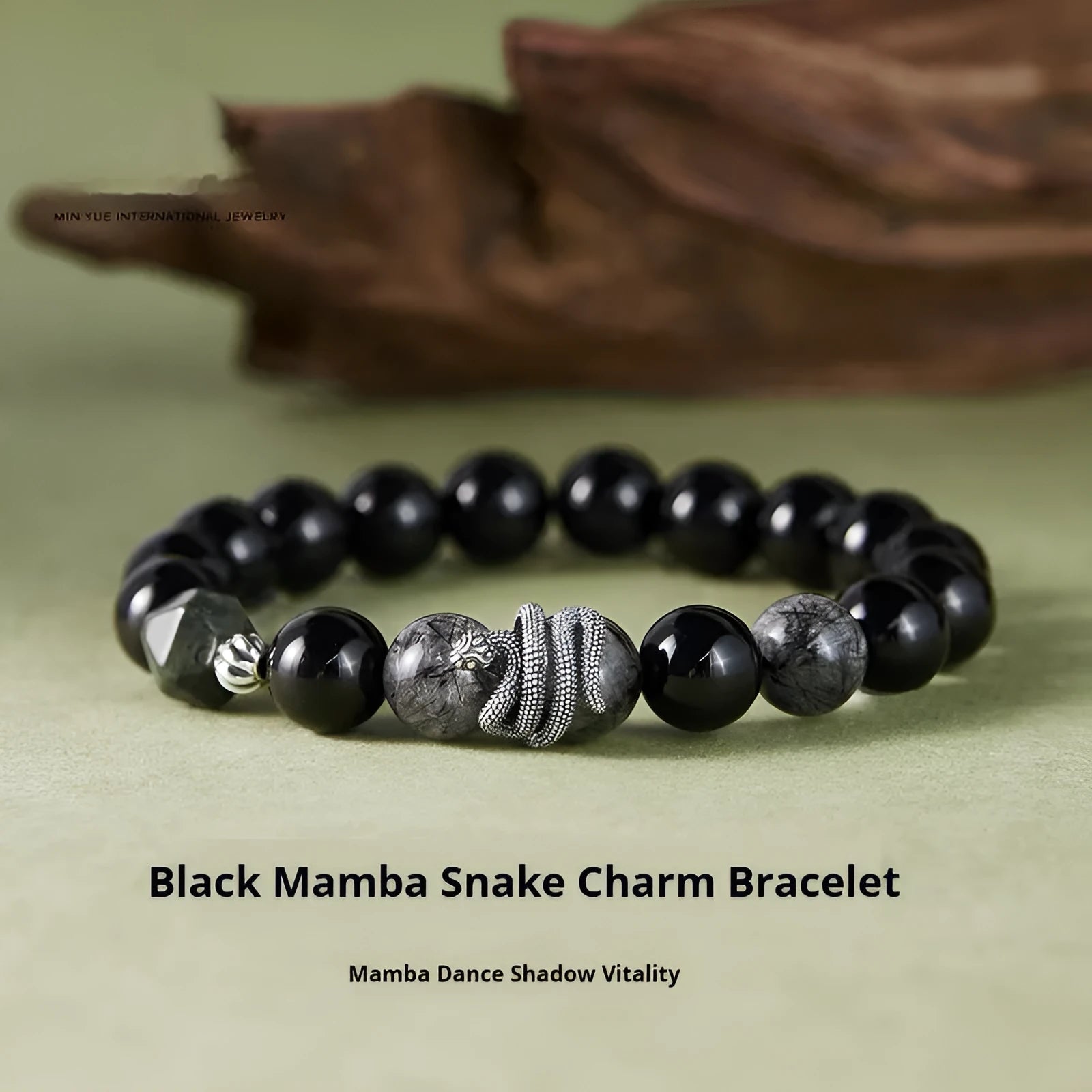 Men's black S925 sterling silver bracelet with obsidian stone and snake year charm