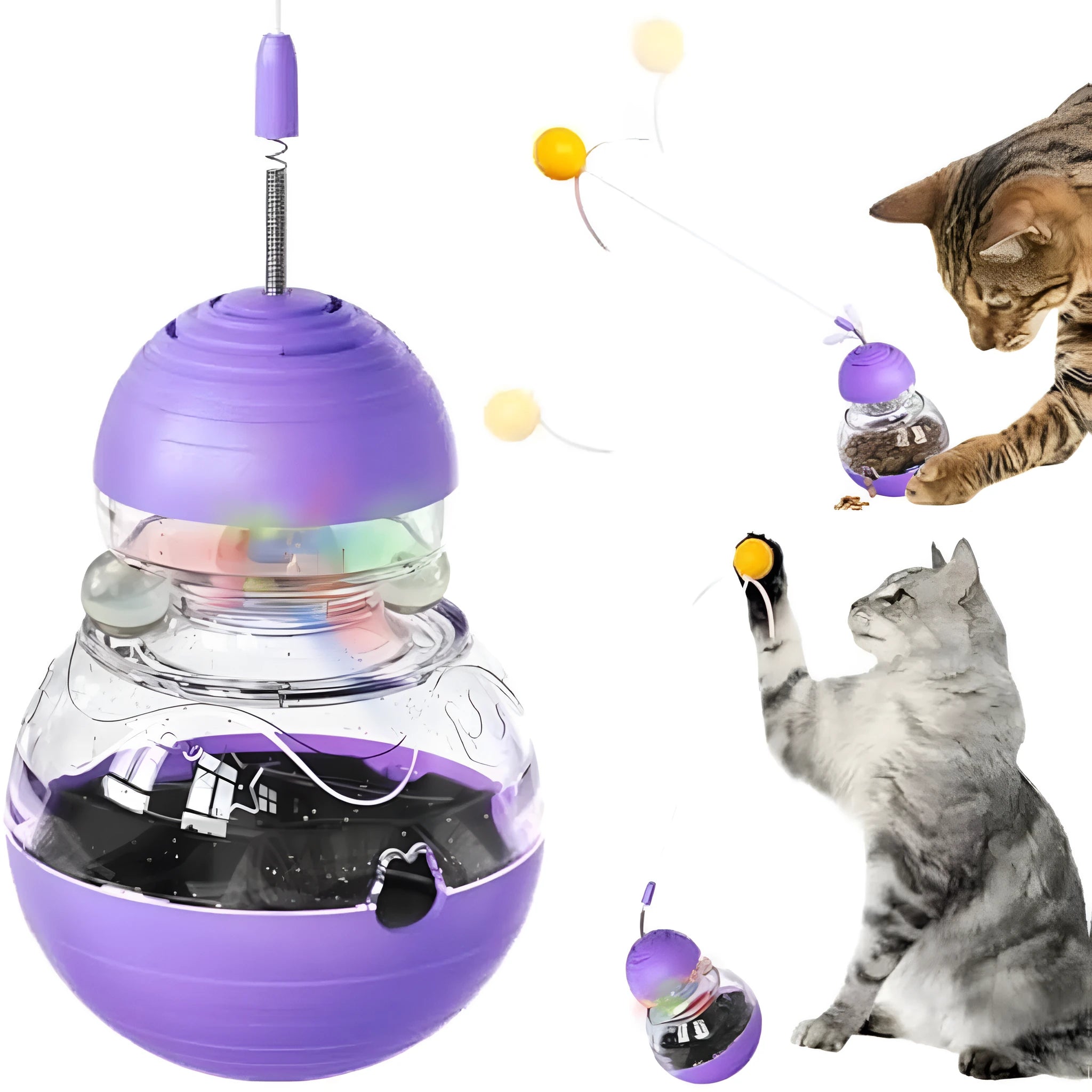 Rocking cat interactive toy with teaser stick and slow food dispenser in pink, purple, or yellow.