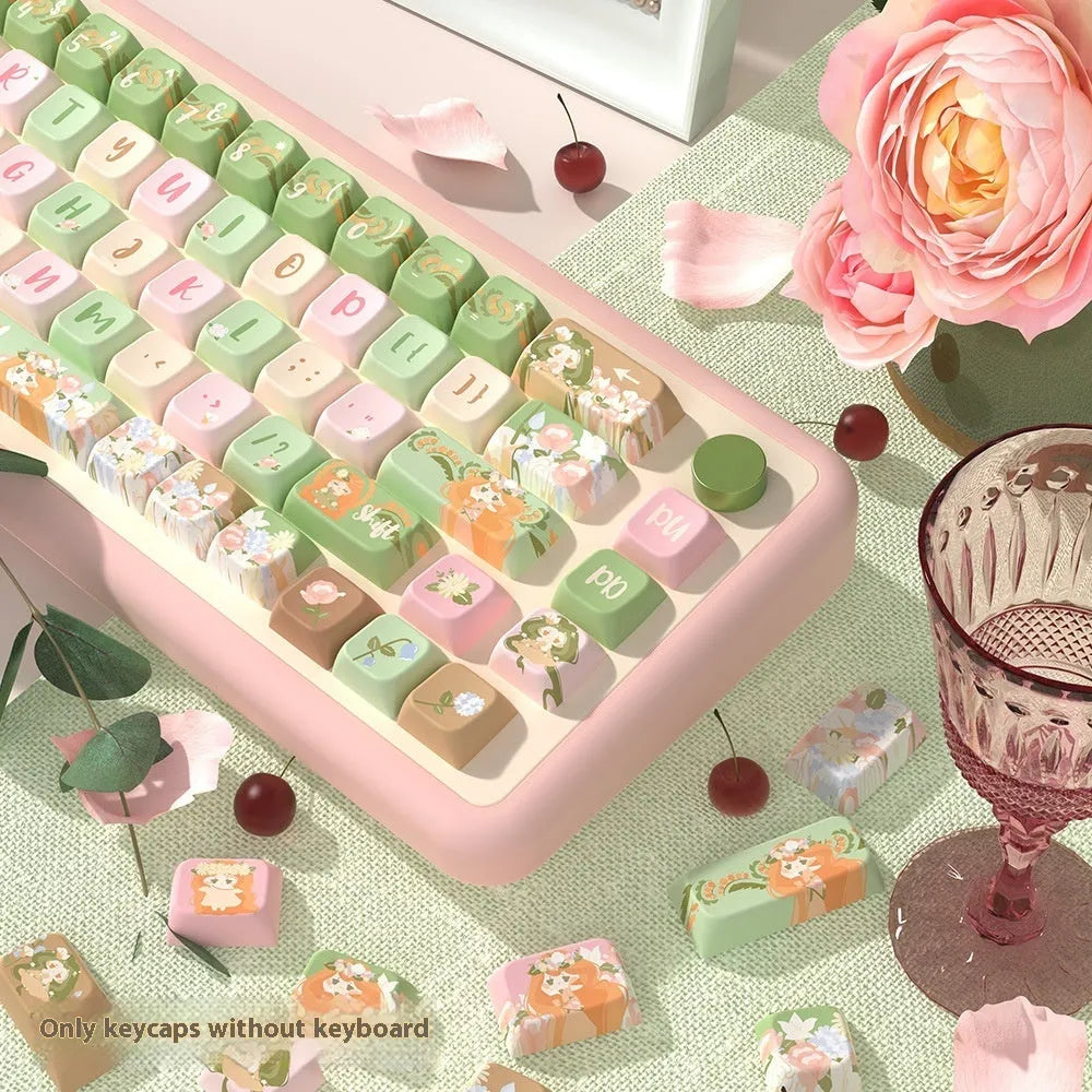Full set of colourful Summer Garden themed ABS keycaps for mechanical keyboards, laid out on a table.