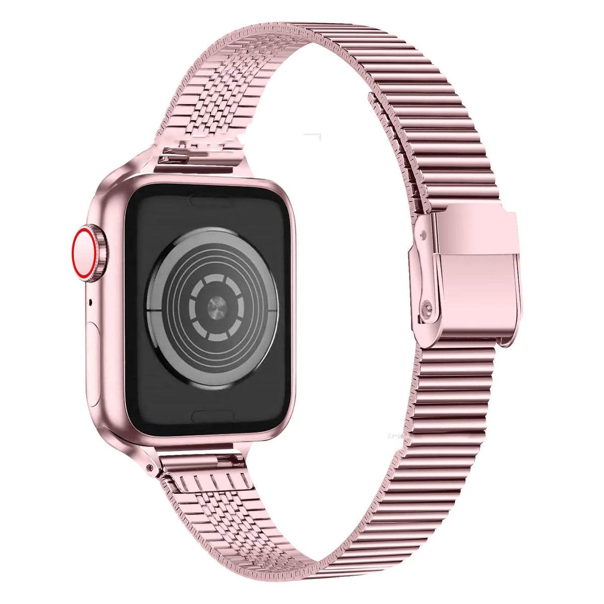Stainless steel Apple Watch strap with double insurance buckle and one bead, available in four colours and two sizes.