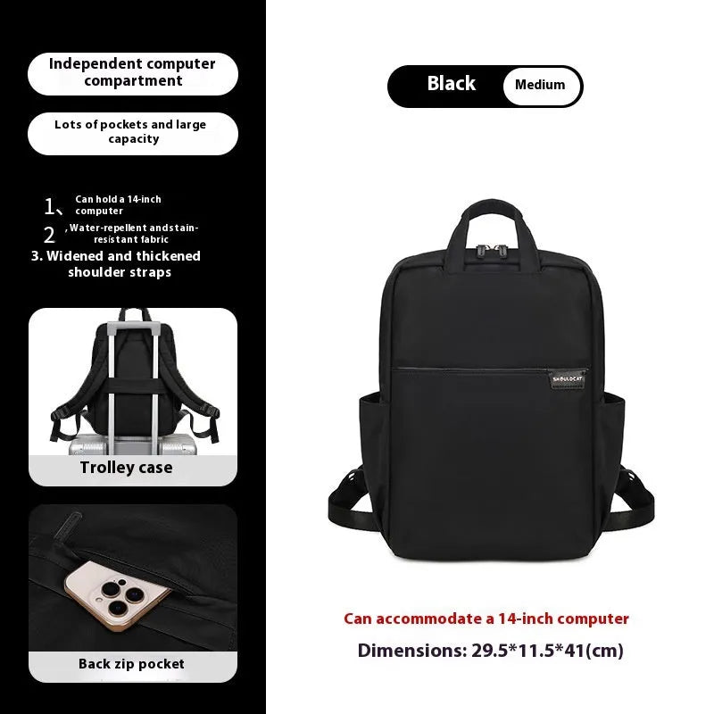 Large nylon women's travel backpack in apricot colour showing internal laptop compartment and multiple pockets.
