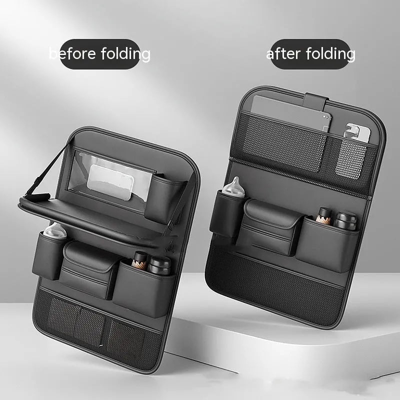 Car seat lazyback storage bag in obsidian black with foldable dining table and leather finish