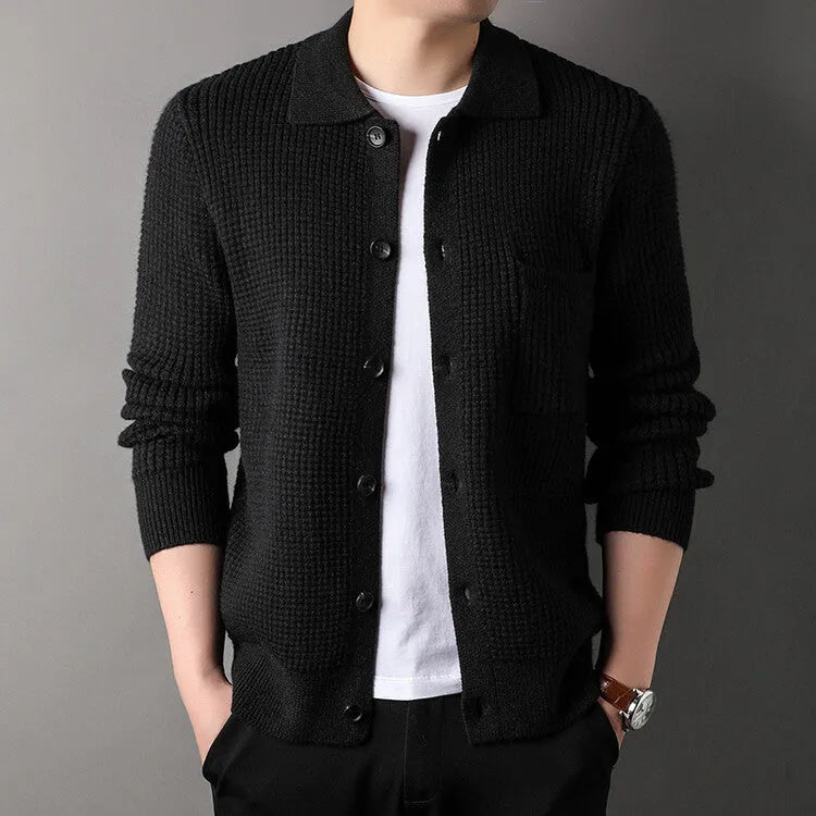 Twist jacquard lapel cardigan men's loose fit knit top coat in black gray beige