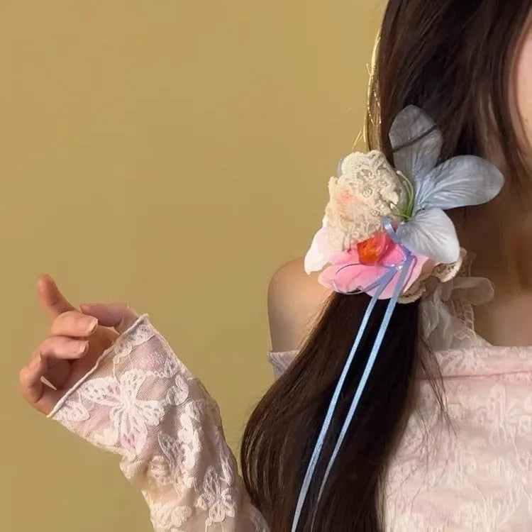 Blue pink cloth flower hair barrette for women, single spring summer floral hair accessory