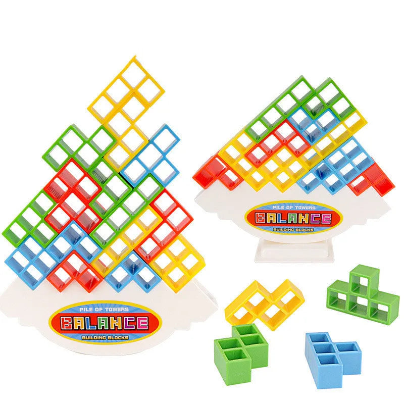 Plastic balance stacking game with 16 colourful building blocks on 26.5cm square chassis