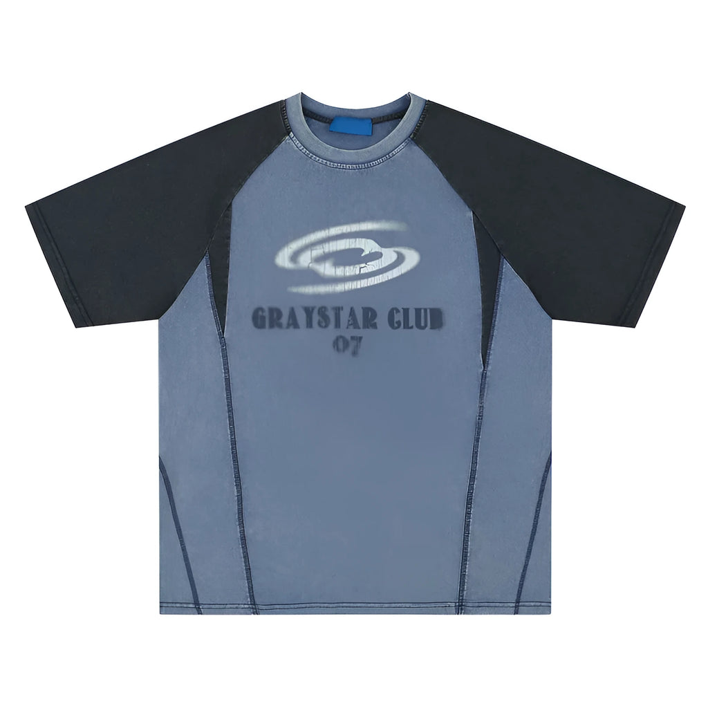 Blue men's hip hop letter print t-shirt with raglan sleeves on a hanger.