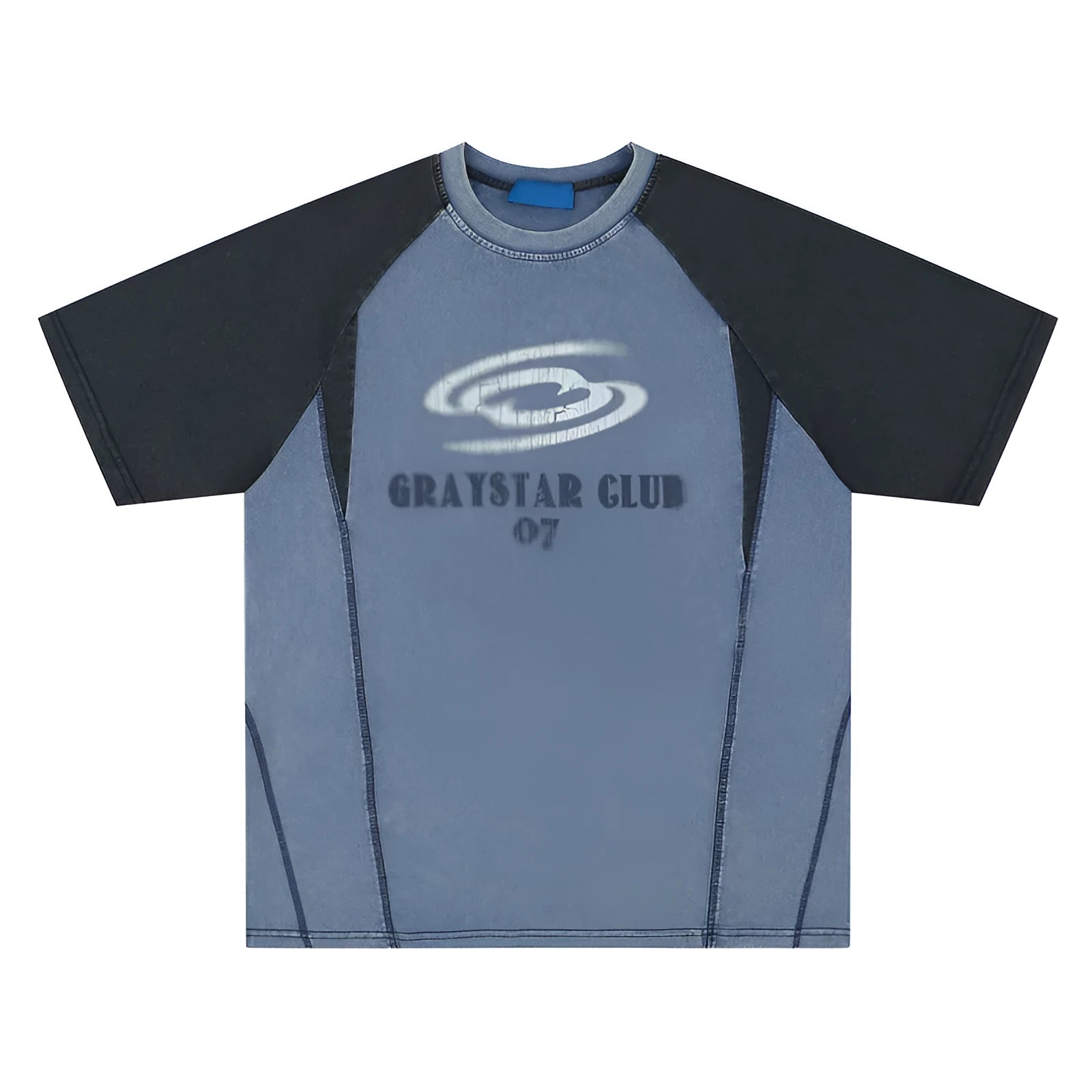 Blue men's hip hop letter print t-shirt with raglan sleeves on a hanger.