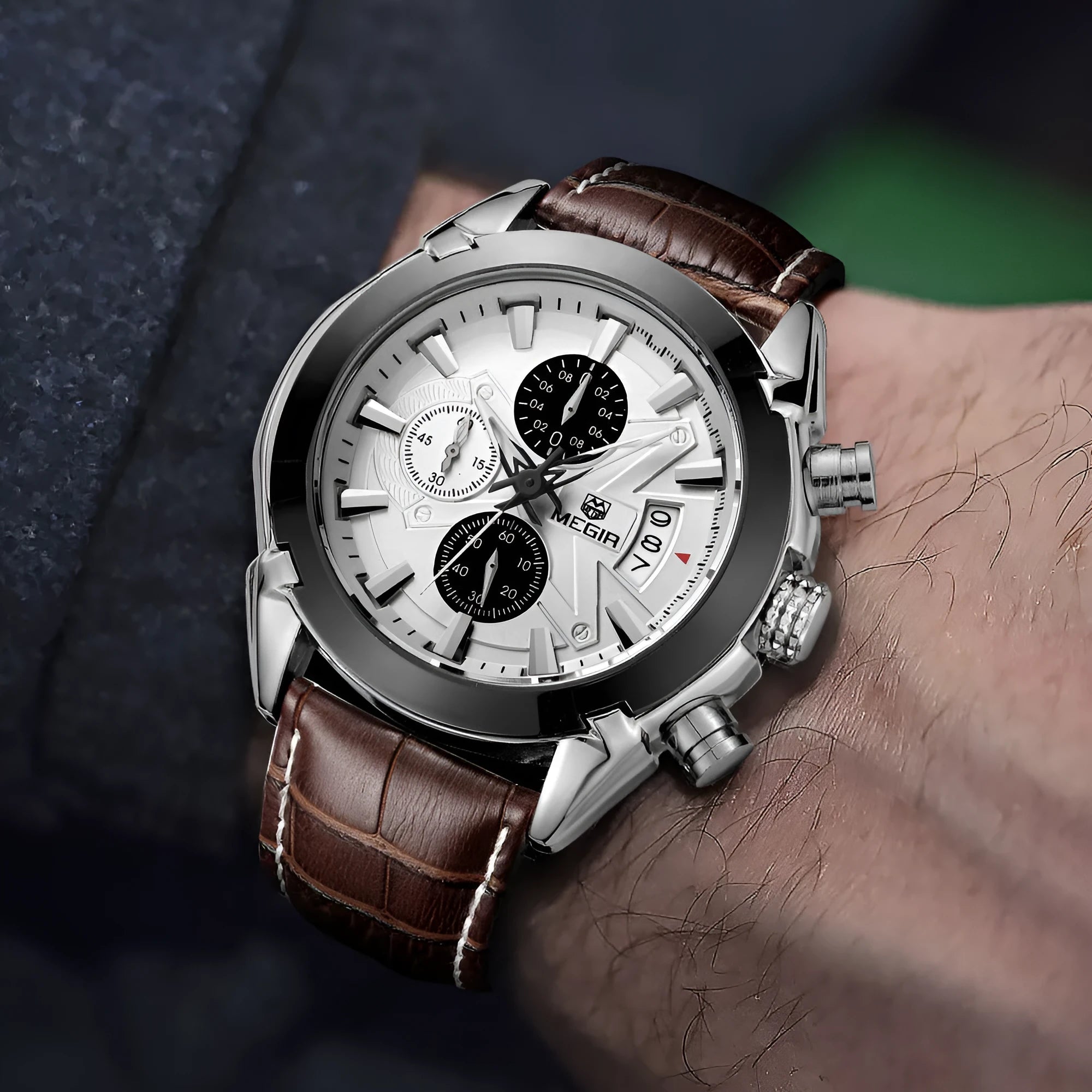 Men's multifunctional timing wristwatch with three subdials, luminous hands, in black or brown colour options.
