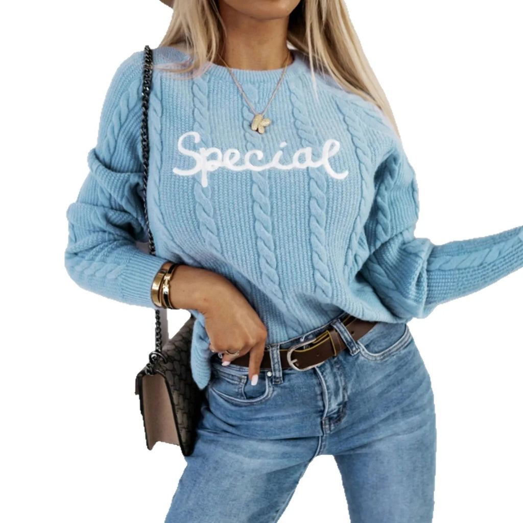 Blue leisure pullover with embroidered letters and numbers, crew neck street fashion knitwear