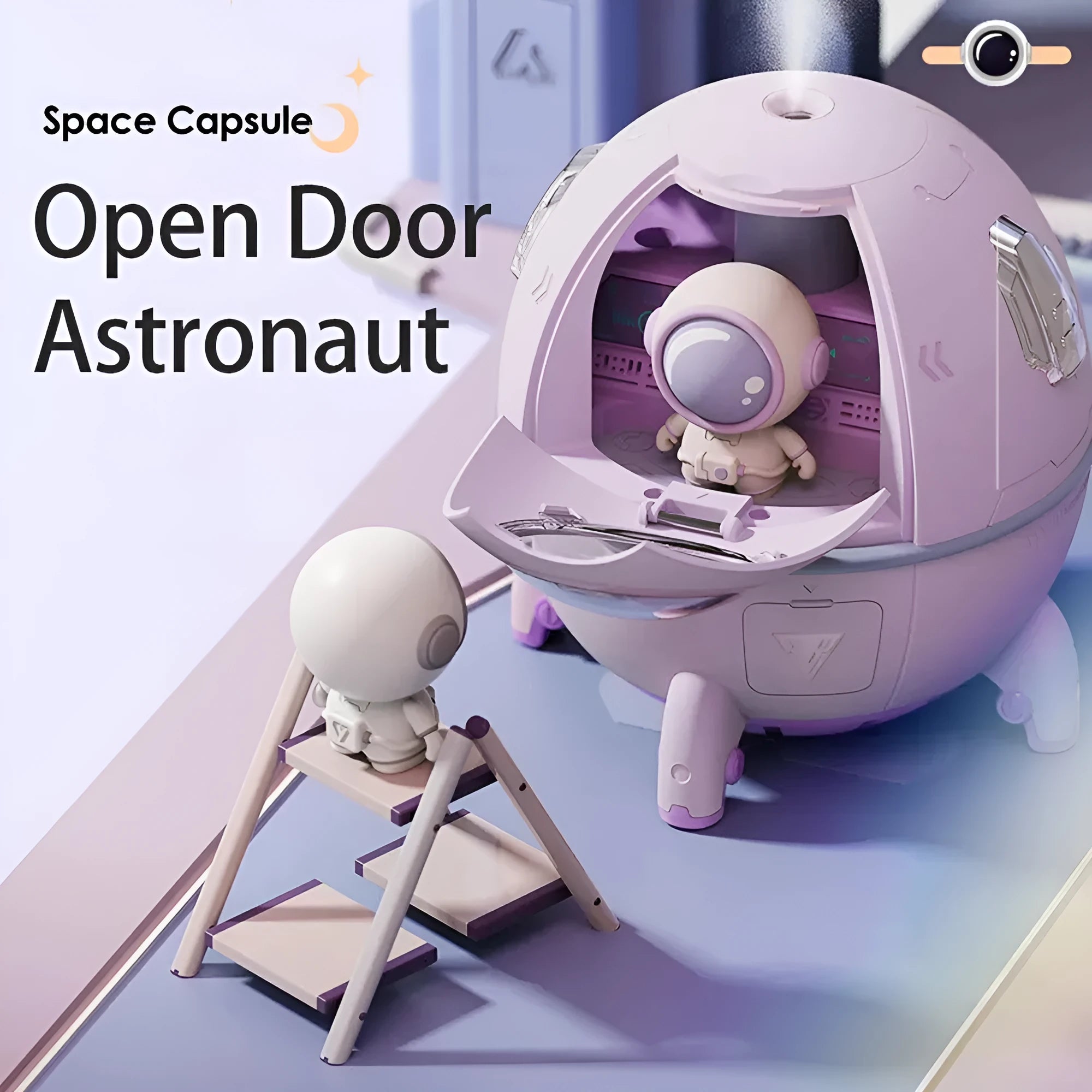 Light purple astronaut-shaped desktop USB humidifier with LED lights on a desk