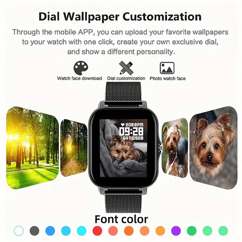 Smart watch with a 1.44-inch colour touch screen and a black silicone strap on a wrist.