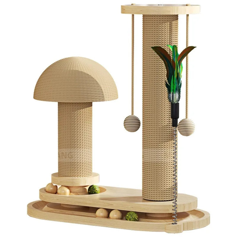 Solid wood cat scratching post with climbing frame and turntable design for indoor cats