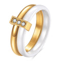 Geometric ceramic women's ring with round zirconium inlay and glossy stitching in steel black or golden white finish