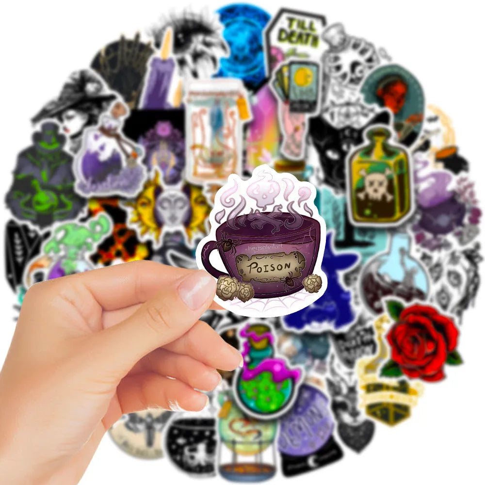 50 waterproof PVC stickers with glossy finish for laptop and skateboard decoration, sizes 3-8cm