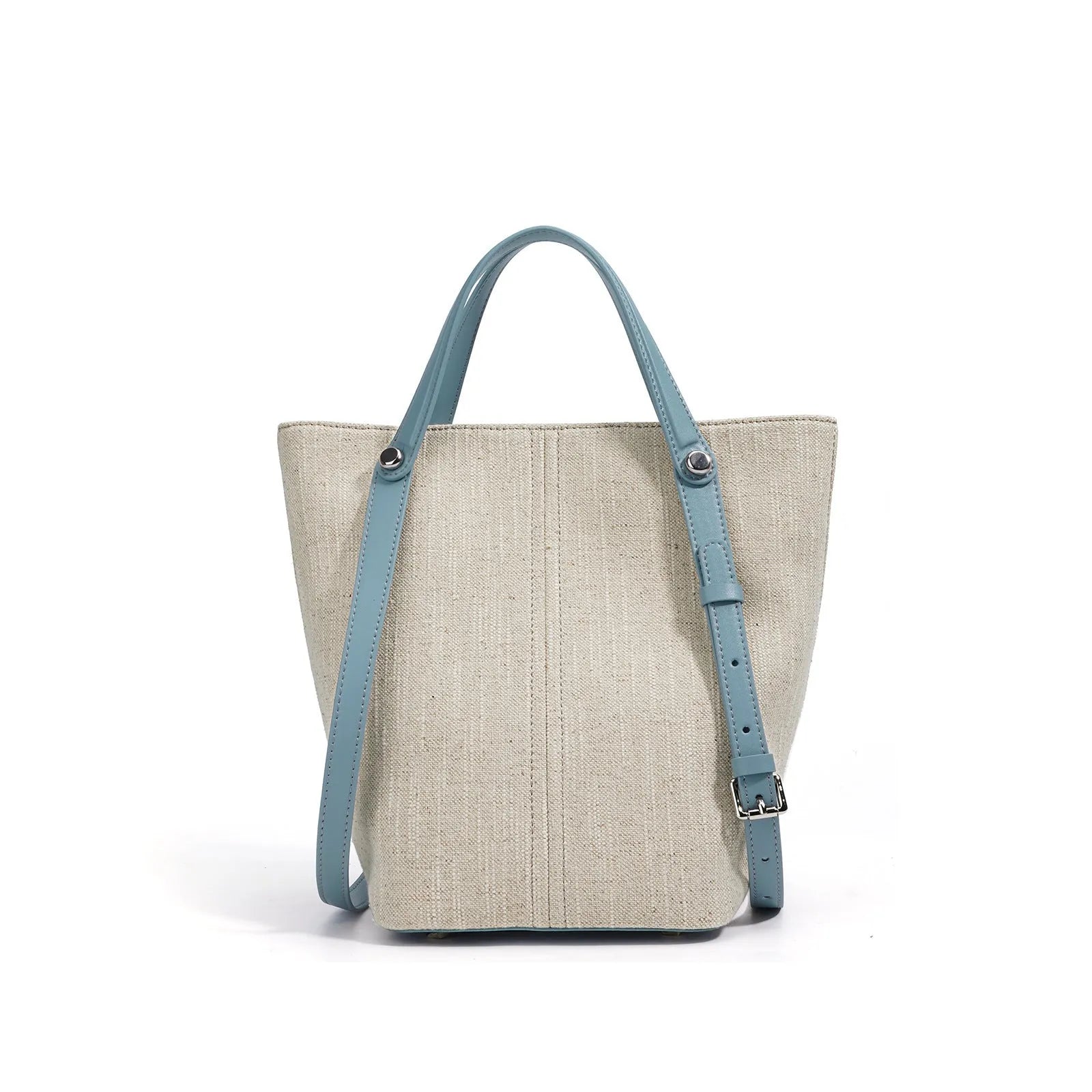 Genuine leather bucket shoulder bag in Linen Black with stitching, open outer pocket, and hand-carry strap