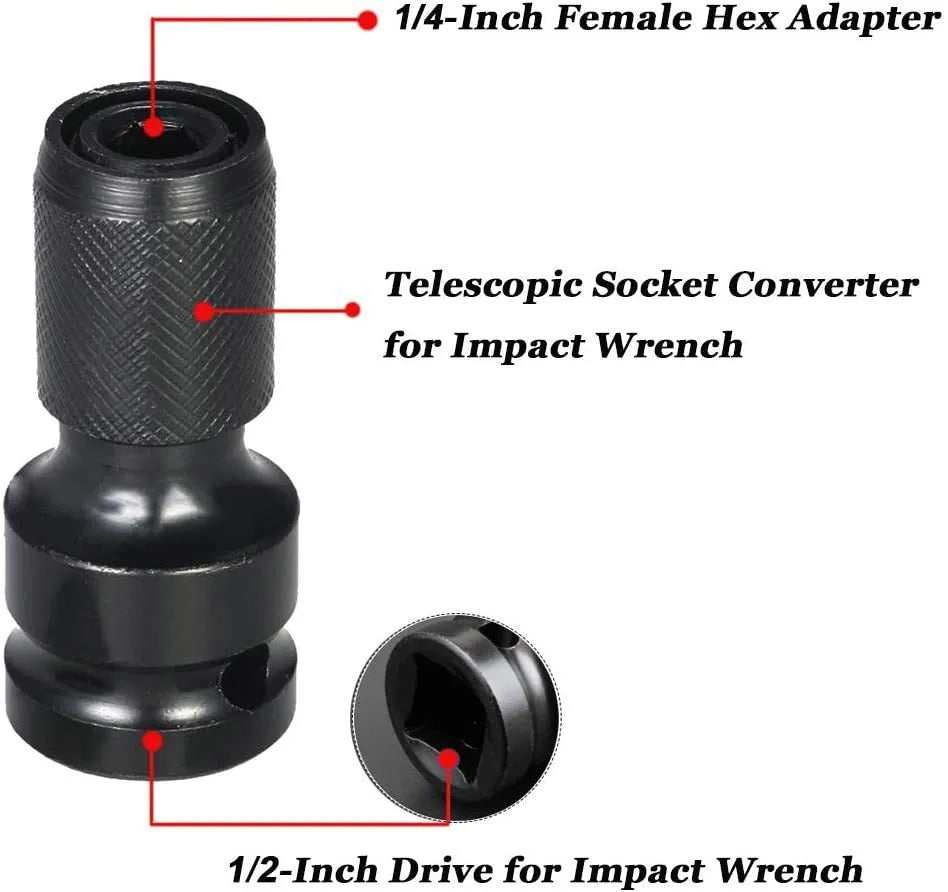 Telescopic scaling bit holder tool with 1/2" to 1/4" function and adjustable sleeve