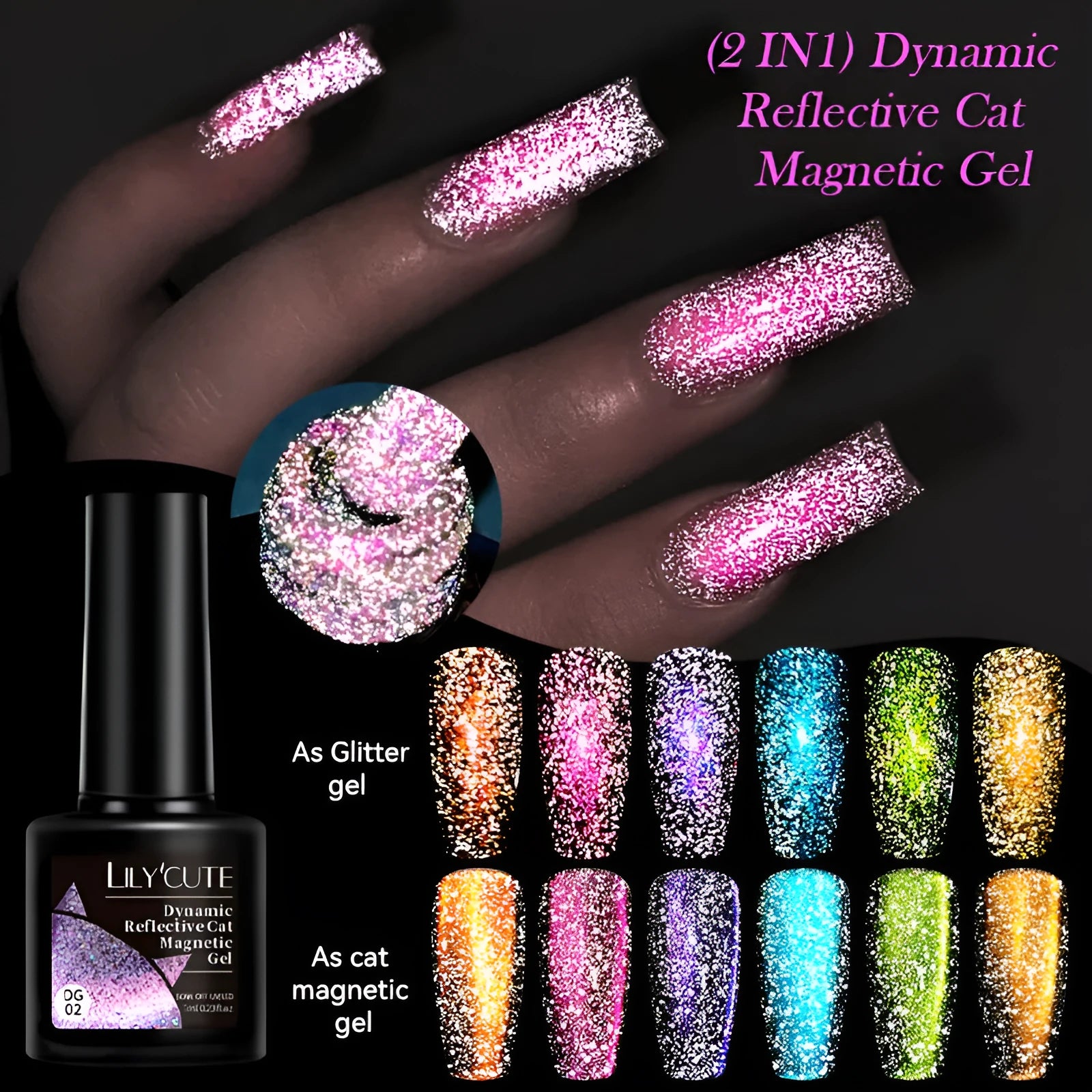 Cat eye effect nail polish gel with glitter and diamond fragments in six colour options