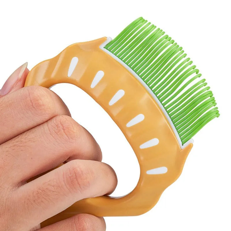 Shell-shaped pet grooming brush with bent wire bristles in green, orange and purple colour options